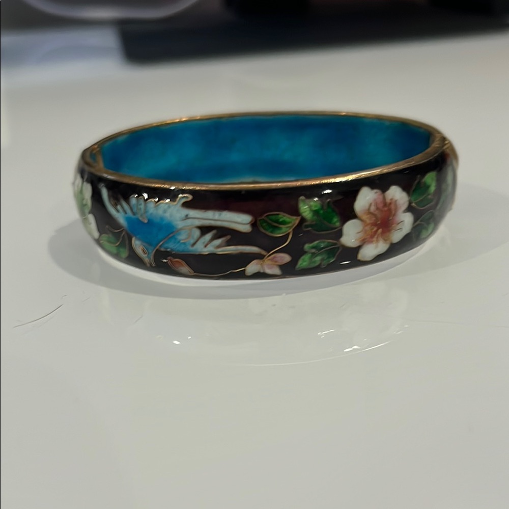Floral Enamel Bangle Bracelet. Vtg Antique rare Chinese asian. Enamel Cloisonne